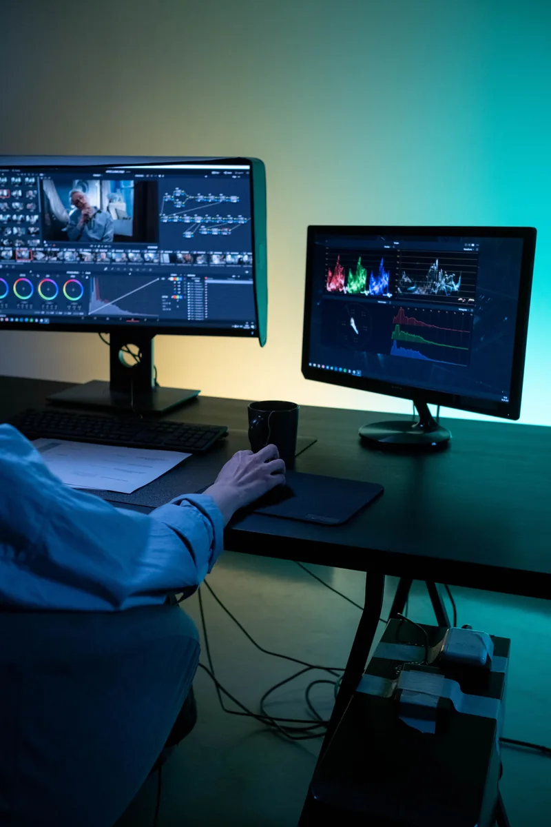 Video editor working at a dual-monitor workstation — illustrative stock photograph