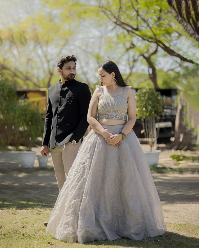 Indian couple in an outdoor pre-wedding portrait — illustrative stock photograph