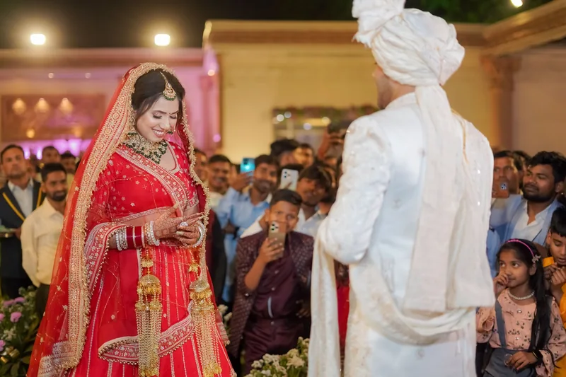 Indian bride and groom at a wedding ceremony — illustrative stock photograph